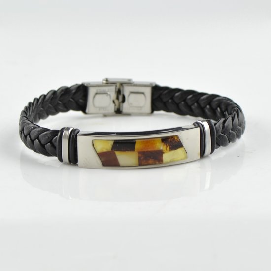 Black Wrap Leather natural Amber bracelet for men